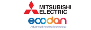Mitsubishi Ecodan Imagotipo de Mitsubishi Electric con el logotipo de la gama de aerotermia Mitsubishi Ecodan